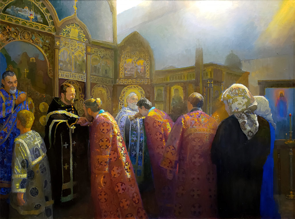 American Legacy Fine Arts presents "Forgiveness Sunday, Protection of the Holy Virgin Russian Orthodox Church; Hollywood, California" a painting by Peter Adams.