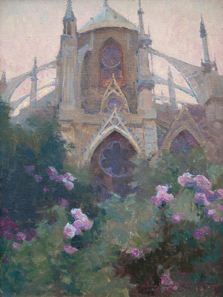 American Legacy Fine Arts presents "Rose Garden at Notre Dame Cathedral" a painting by Alexey Steele.