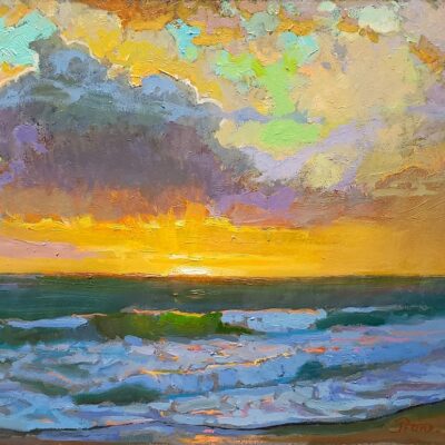 American Legacy Fine Arts presents "Breaking Skies over St. Malo Beach at Sunset" a painting by Peter Adams.