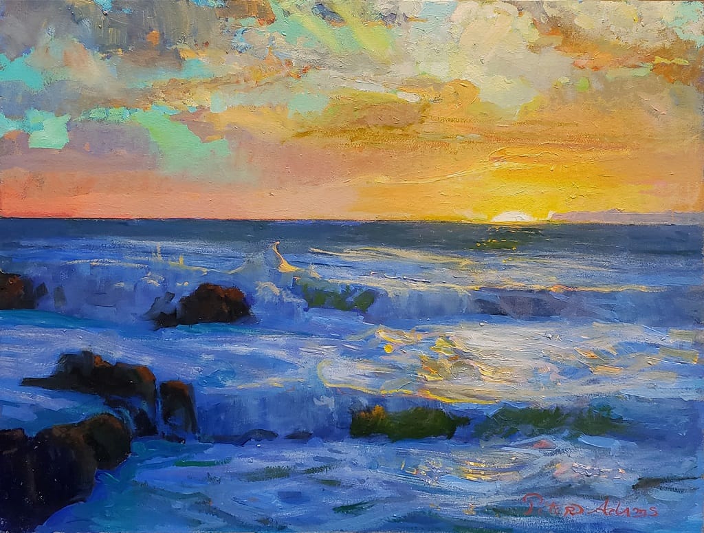 American Legacy Fine Arts presents "Churning Surf at Sunset, Golden Cove; Rancho Palos Verdes" a painting by Peter Adams.