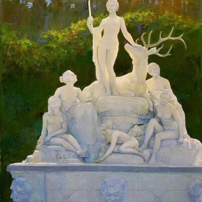 American Legacy FIne Arts presents "Diana of the Hunt; Forest Lawn Hollywood Hills" a painting by Peter Adams.
