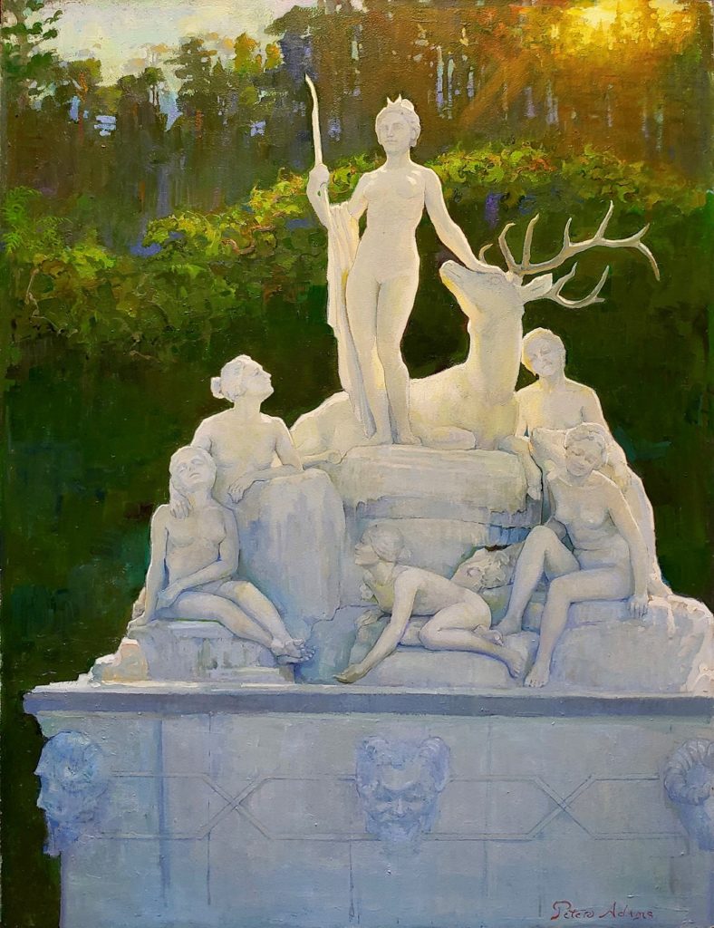 American Legacy FIne Arts presents "Diana of the Hunt; Forest Lawn Hollywood Hills" a painting by Peter Adams.