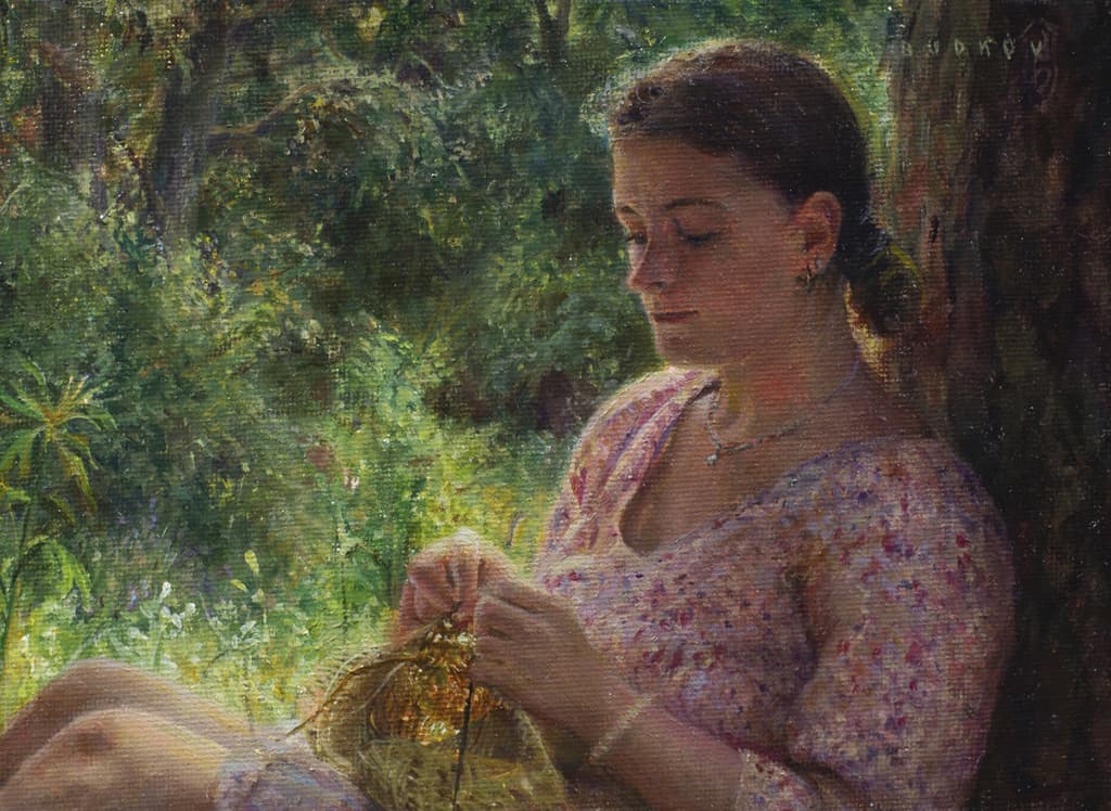 American Legacy Fine Arts presents "The Ways of Yore; Knitting in Zvenigorod, Russia" a painting by Nikita Budkov