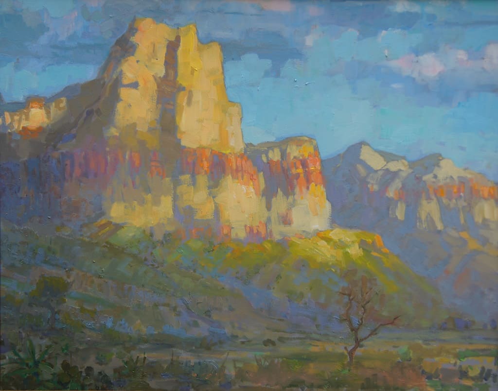 American Legacy Fine Arts presents "Morning Light on Red Rocks, Nevada" a painting by Peter Adams.