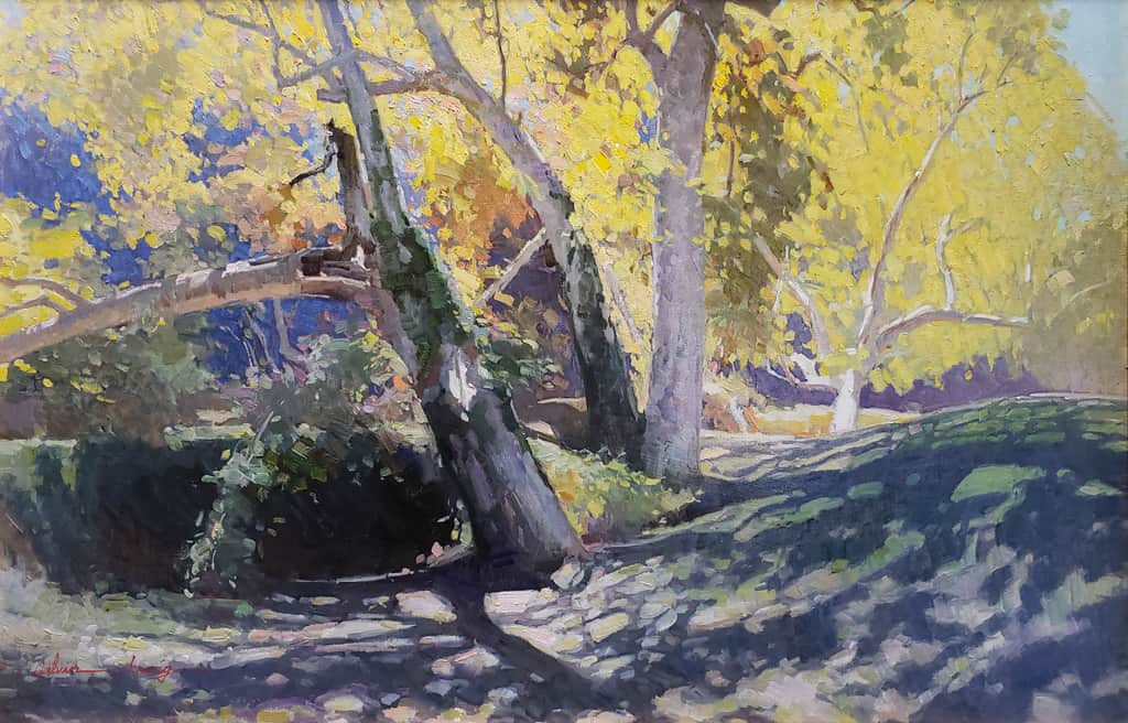 American Legacy Fine Arts presents " Shadow and Light, Pasadena Arroyo" a painting by Calvin Liang.