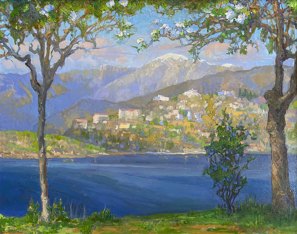 American Legacy Fine Arts presents "Mount Baldy above Bonelli Lake" a painting by Peter Adams.