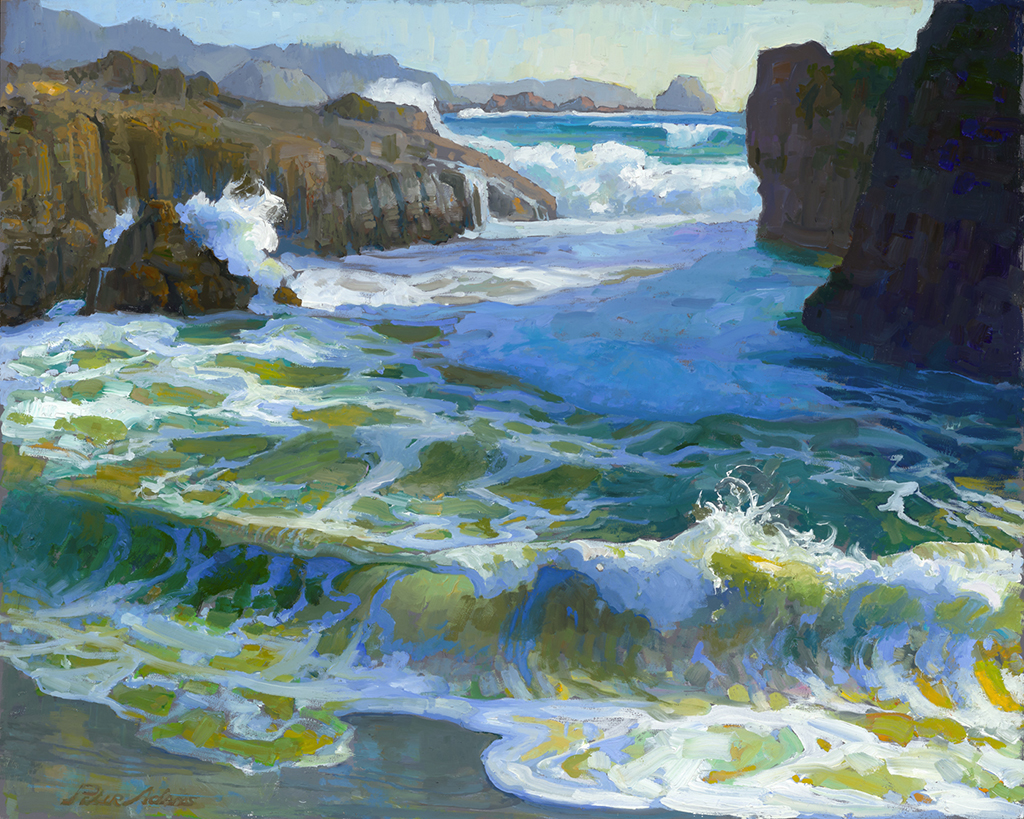 American Legacy Fine Arts presents "Secret Cove; Afternoon Surge at Point Lobos State Reserve" A painting by Peter Adams.