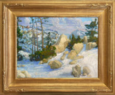 American Legacy Fine Arts presents "Snow and Boulders on the Pacific Crest Trail; San Gabriel Mountains" a painting by Peter Adams.