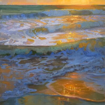 American Legacy Fine Arts presents "Veneers of the Evening Tide; Oceanside, California" a painting by Peter Adams.
