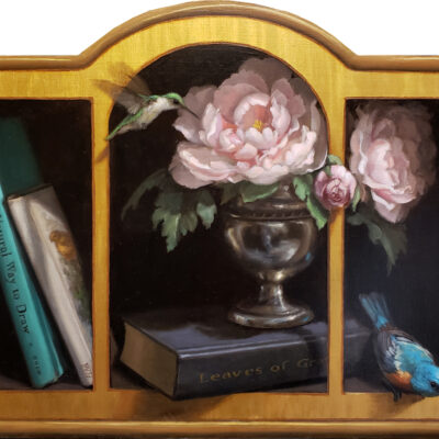 American Legacy Fine Arts presents "Floral in Bookcase" a painting by Mary Kay West.