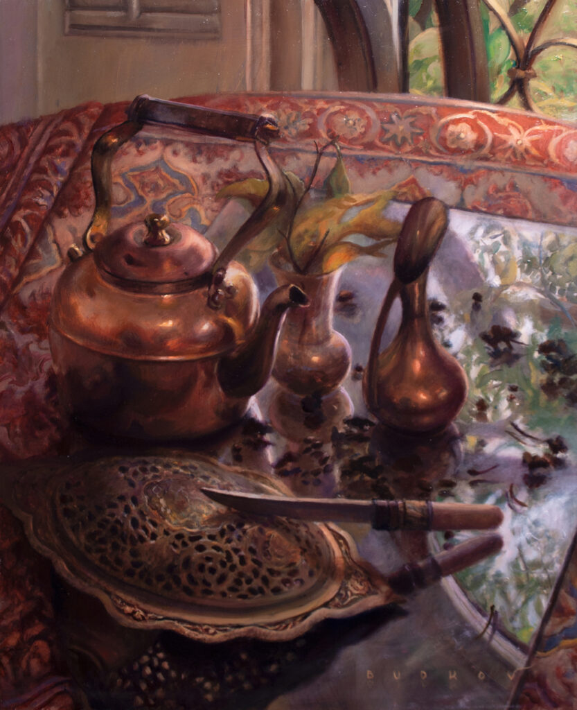 American Legacy Fine Arts presents "Patterns, Still Life in Copper" a painting by Nikita Budkov.