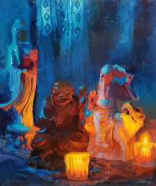 American Legacy Fine Arts presents "Two Lohans and Kwan Yin" a painting by Peter Adams.