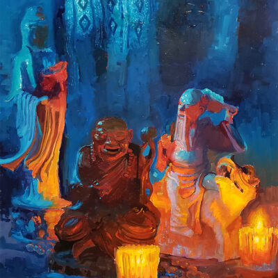 American Legacy Fine Arts presents "Two Lohans and Kwan Yin" a painting by Peter Adams.