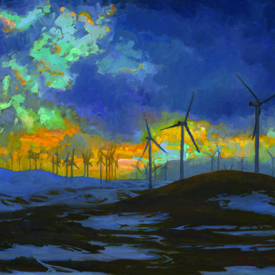 American Legacy Fine Arts presents "Winter Sunset and Wind Turbines; Pacific Crest Trail, Tehachapi" a painting by Peter Adams.