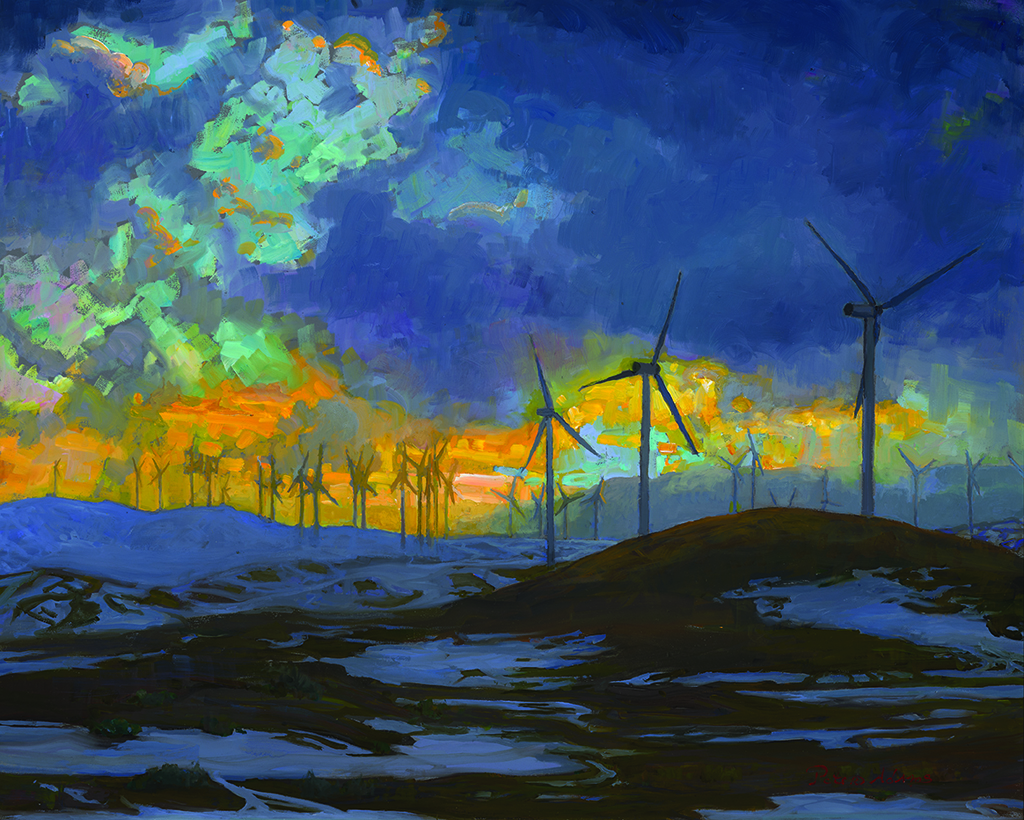 American Legacy Fine Arts presents "Winter Sunset and Wind Turbines; Pacific Crest Trail, Tehachapi" a painting by Peter Adams.