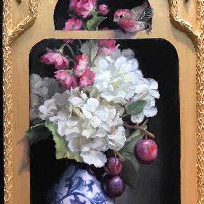 American Legacy Fine Arts presents "Rose Finch and Hydrangeas" a painting by Mary Kay West.
