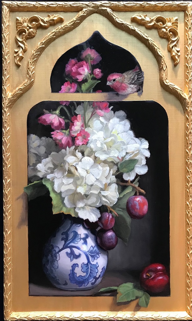 American Legacy Fine Arts presents "Rose Finch and Hydrangeas" a painting by Mary Kay West.
