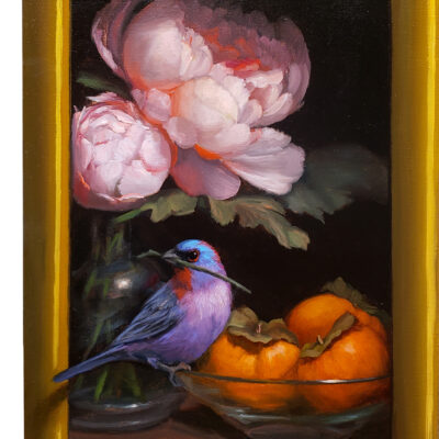 American Legacy Fine Arts presents "Varied Bunting Triptych (left side)" a painting by Mary Kay West.