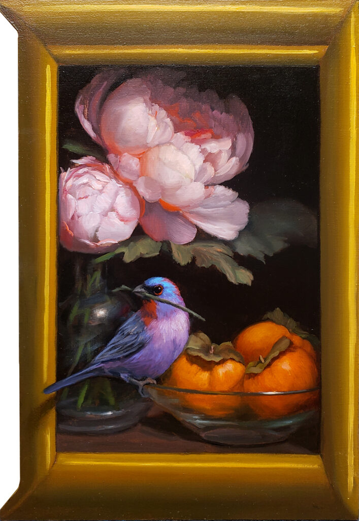 American Legacy Fine Arts presents "Varied Bunting Triptych (left side)" a painting by Mary Kay West.
