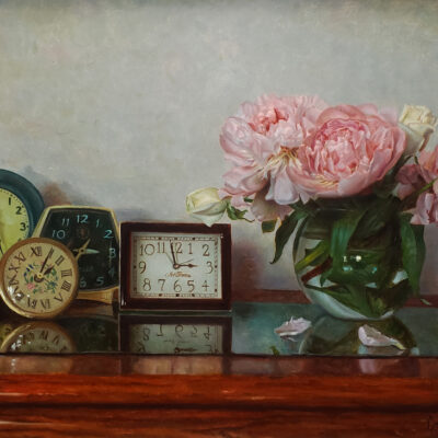 American Legacy Fine Arts presents "Clocks and Peonies" a painting by Alex Tabet.