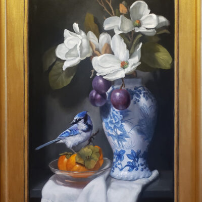 American Legacy Fine Arts presents Magnolia Blossoms and Blue Jay" a painting by Mary kay West.
