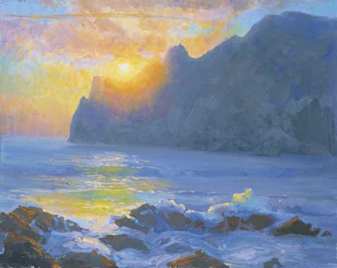 American Legacy Fine Arts presents "Sunset Glare, Catalina Harbor" a painting by Peter Adams.
