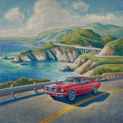 American Legacy Fine Arts presents " Red Mustang, Bixby Bridge" a painting by Tony Peters.