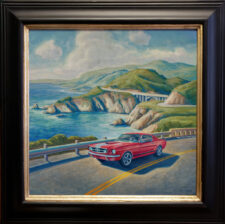 American Legacy Fine Arts presents " Red Mustang, Bixby Bridge" a painting by Tony Peters.