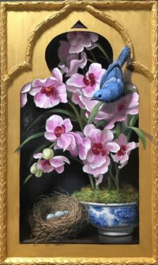 American Legacy Fine Arts presents "Tanager with Orchids" a painting by Mary Kay West.