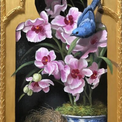 American Legacy Fine Arts presents "Tanager with Orchids" a painting by Mary Kay West.