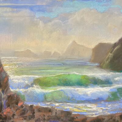 American Legacy Fine Arts presents "Afternoon Surf at Dragon Rocks, Crescent City, CA" a painting by Peter Adams.