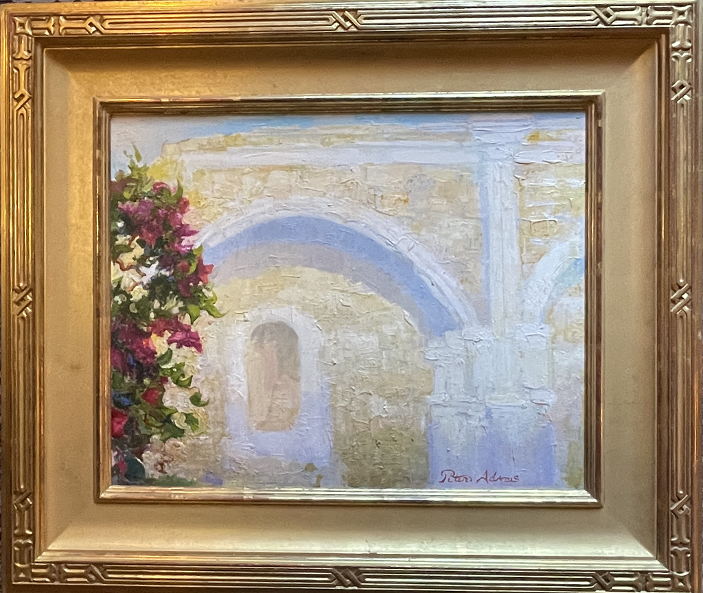 American Legacy Fine Arts presents " Sunlight on the Great Stone Church; Mission San Juan Capistrano" a painting by Peter Adams.