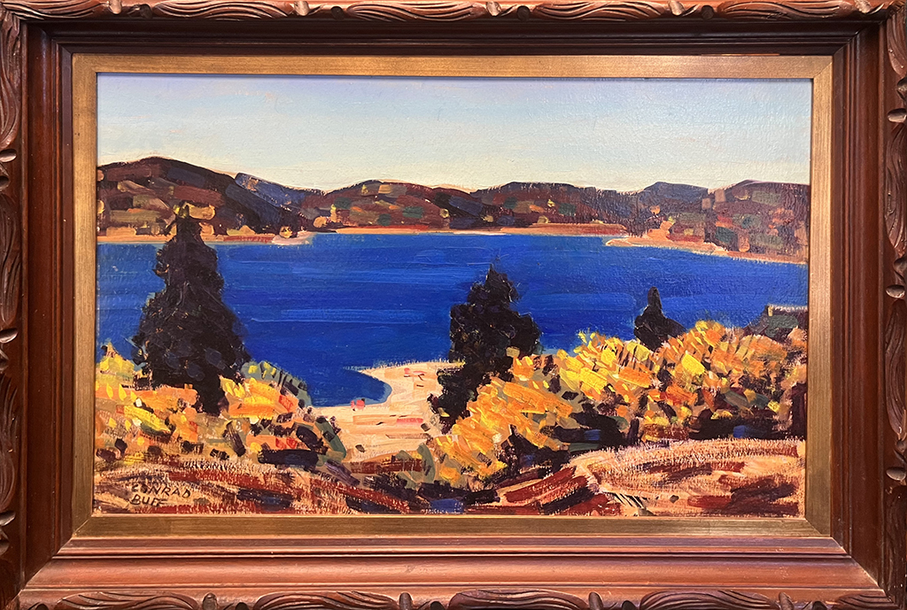Conrad Buff Historic Artist Oil painting plein air, lake, northern California, Nevada, trees, mountains