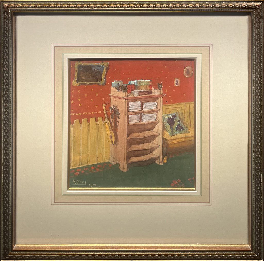 Karl Yens Historic Artist Gouache painting interior, furniture, pillow