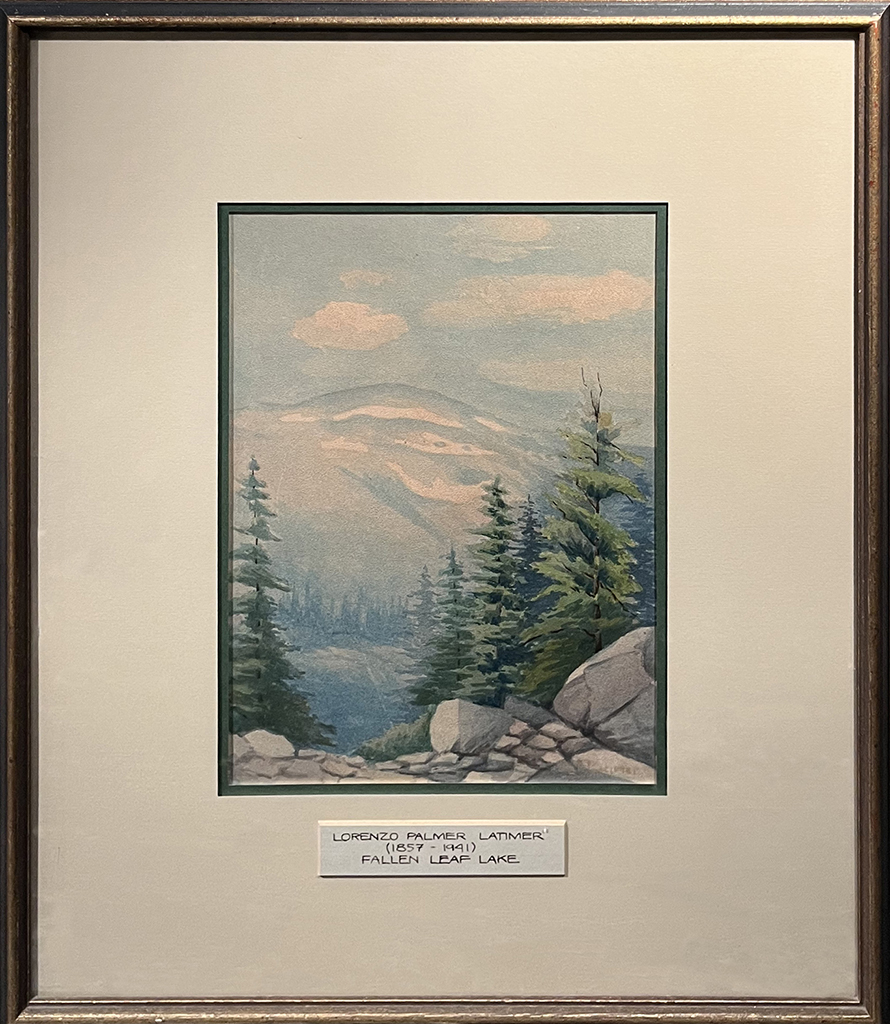 Lorenzo Palmer Latimer Historic Artist Watercolor painting landscape, lake Northern California, trees, clouds
