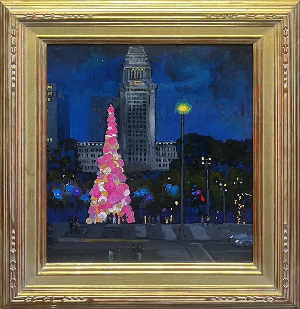 Peter Adams Artist Oil Painting Downtown Los Angeles, cityscape, nocturne, Christmas