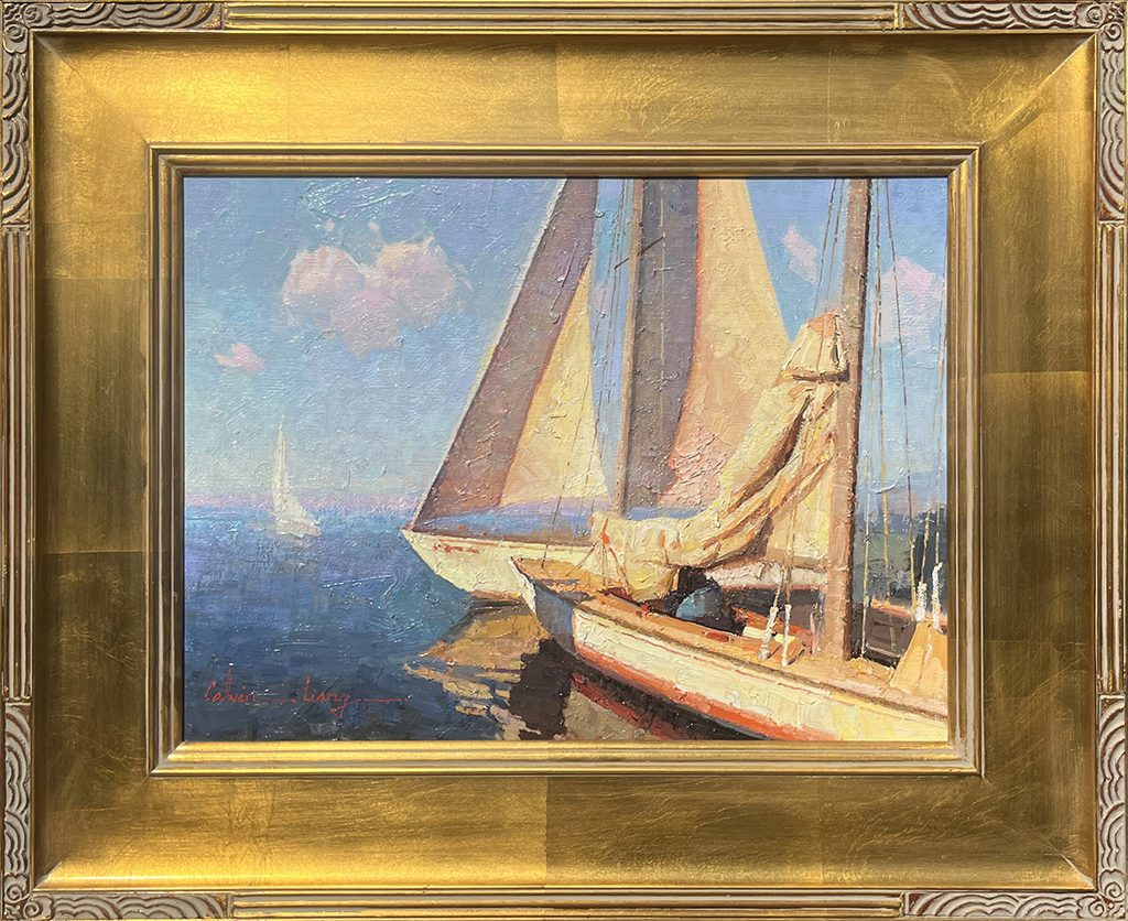 Calvin Liang Artist Oil Painting Sailboat, newport beach, harbor, sea sport, sailing