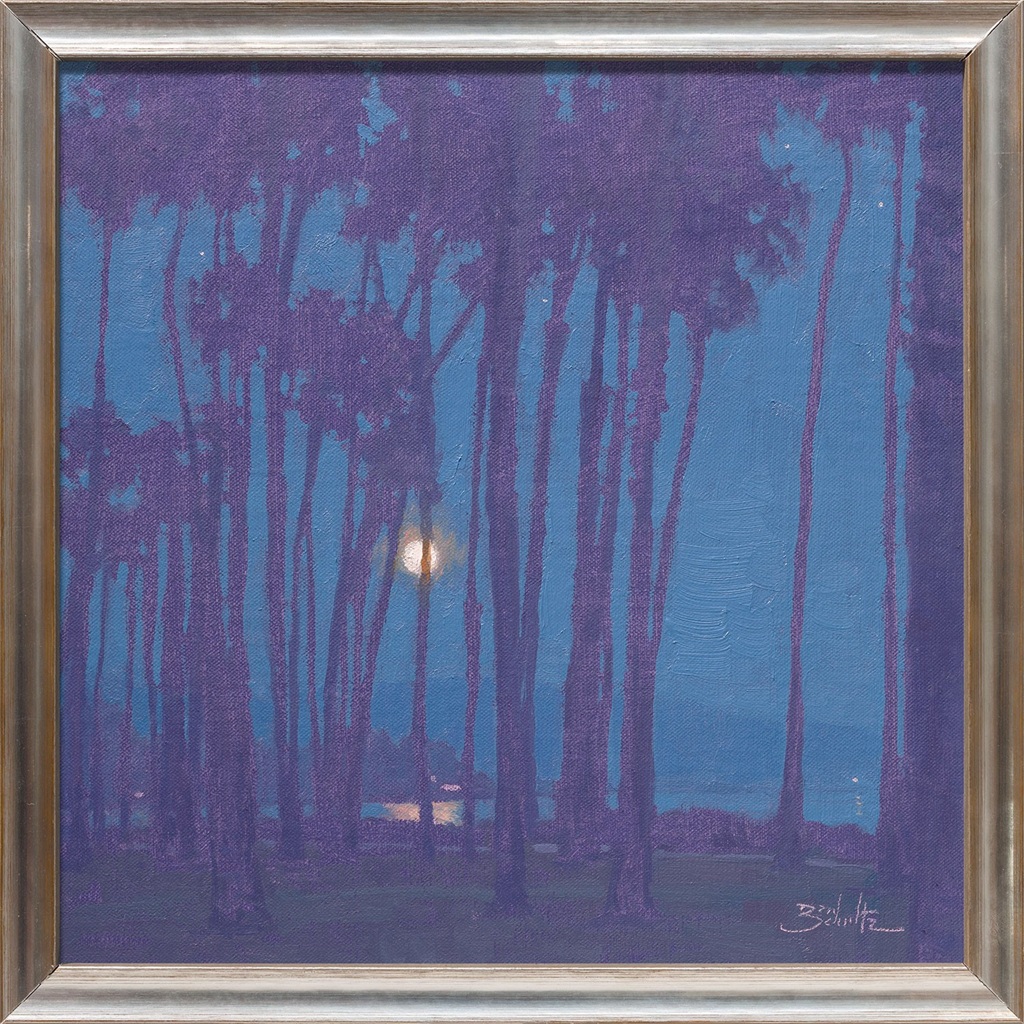 Dan Schultz Artist Oil painting nocturne, beach, palm trees, moon